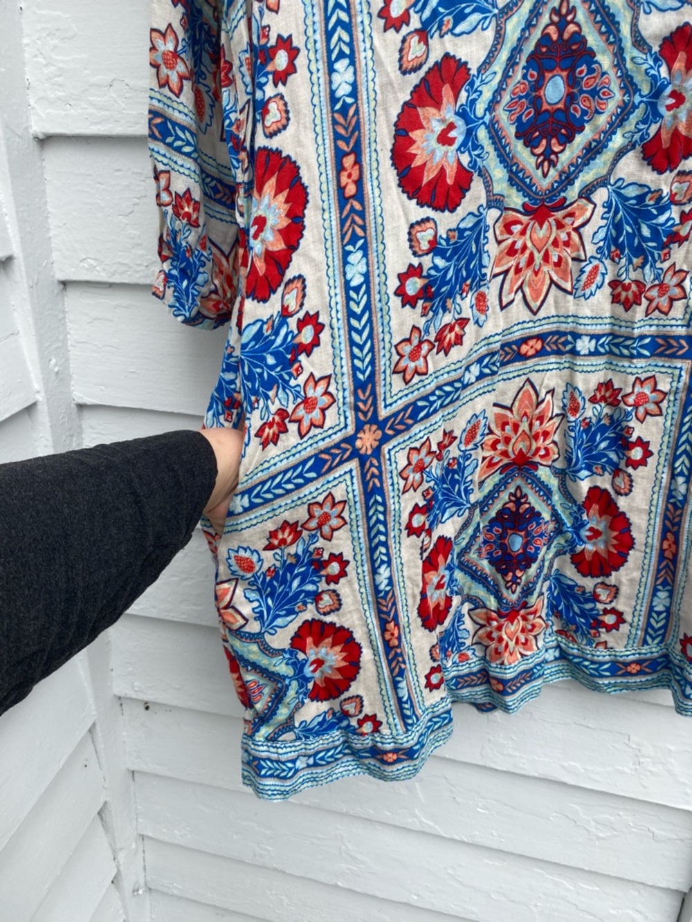 Floral Linen Tile-Print Midi Dress in Blue & Red Summer Beach Coverup🏝️ - Picture 6 of 7